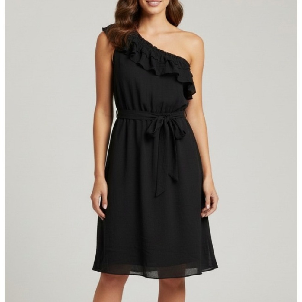 HAZEL Whimsigoth Black LAYERED CHIFFON Ruffle ONE-SHOULDER Blouson Shift Dress L